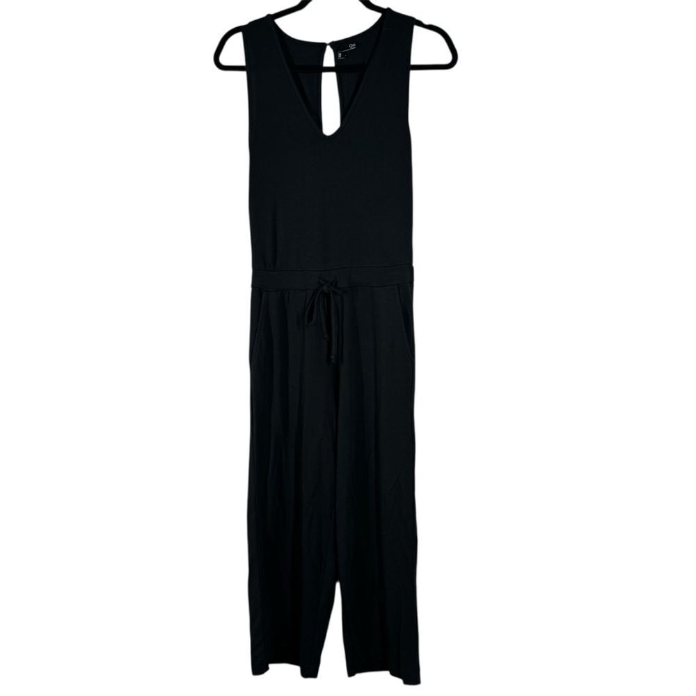 Quince Black Terry Modal Jumpsuit Wide Leg Keyhole Back V Neck Women’s XS